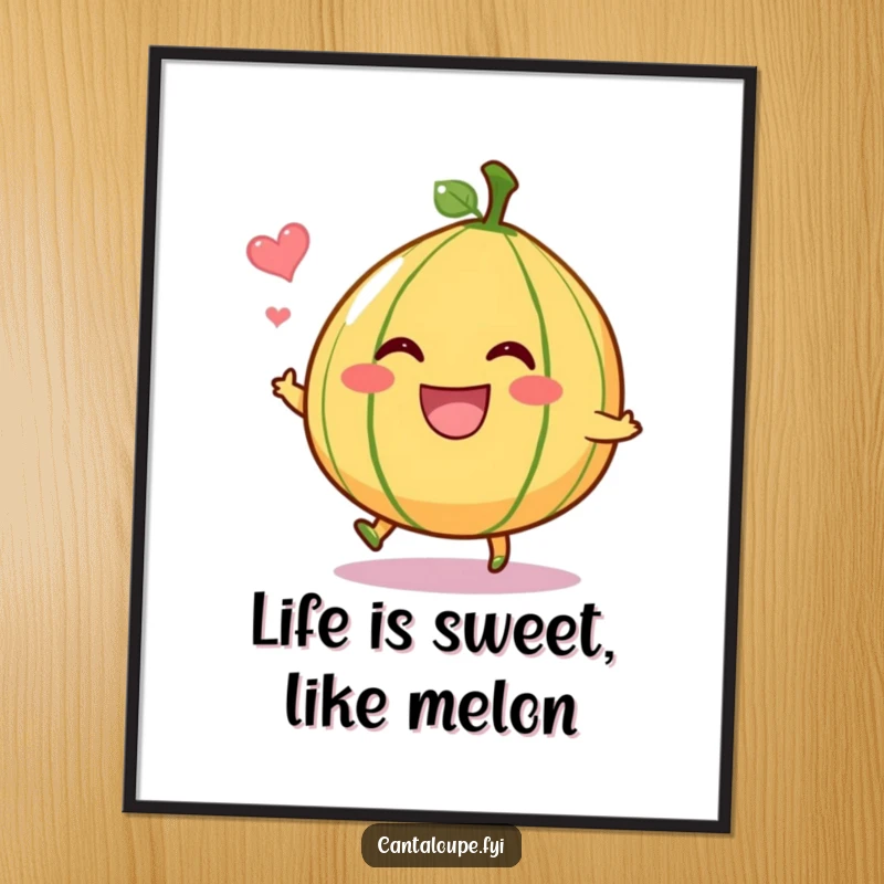 Funny Free Printable Wall Art: A wide-grinning cantaloupe character bouncing playfully, leaving a trail of sweet scent, adding cheer to any room.