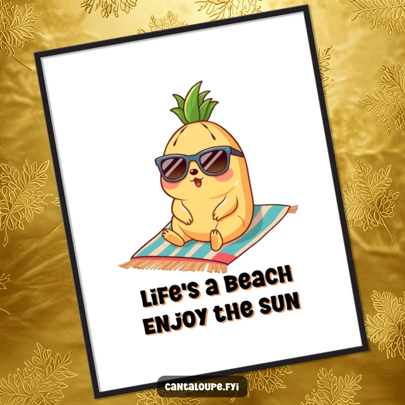 Funny Free Printable Wall Art: Cantaloupe in sunglasses lounging on a beach towel, radiating pure vacation relaxation.