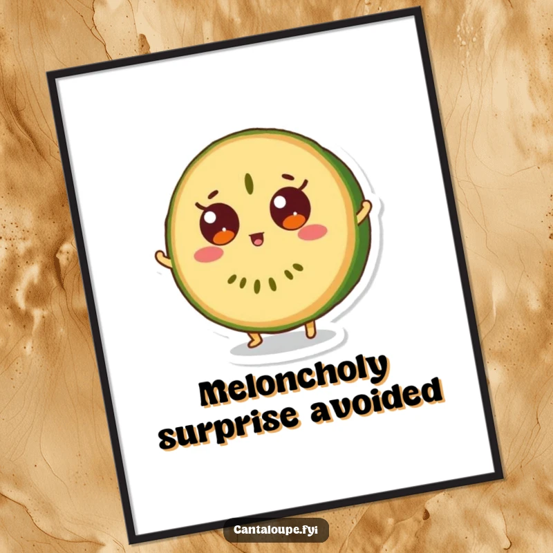 Funny Free Printable Wall Art: Cantaloupe slice character doing a surprised bounce with wide eyes, a cheerful and fruity decor piece.
