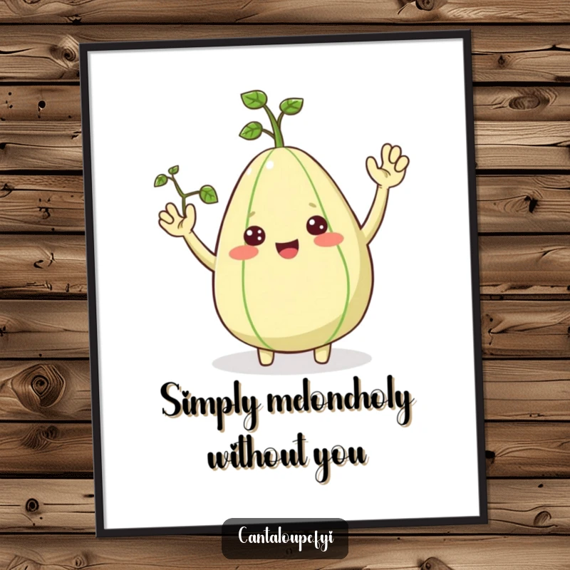 Funny Free Printable Wall Art: Cheerful cantaloupe character with tiny vine arms, beaming and waving hello, radiating sunny joy.