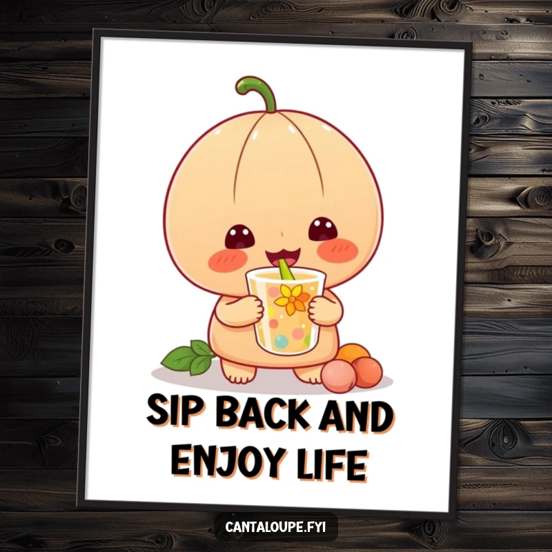 Funny Free Printable Wall Art of a happy cantaloupe character enjoying a colorful drink, perfect for a cheerful space.