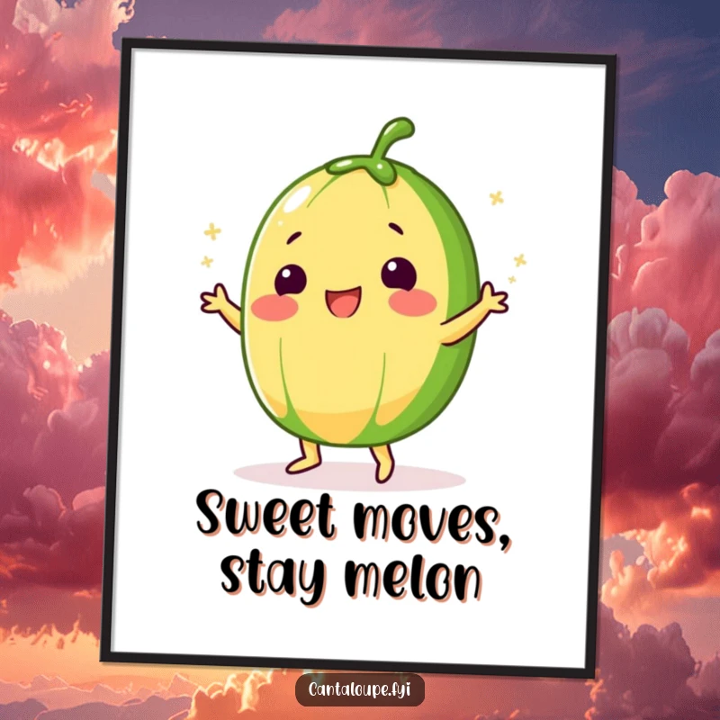 Funny Free Printable Wall Art: A Cantaloupe Character Performing a Silly Dance with Sugar