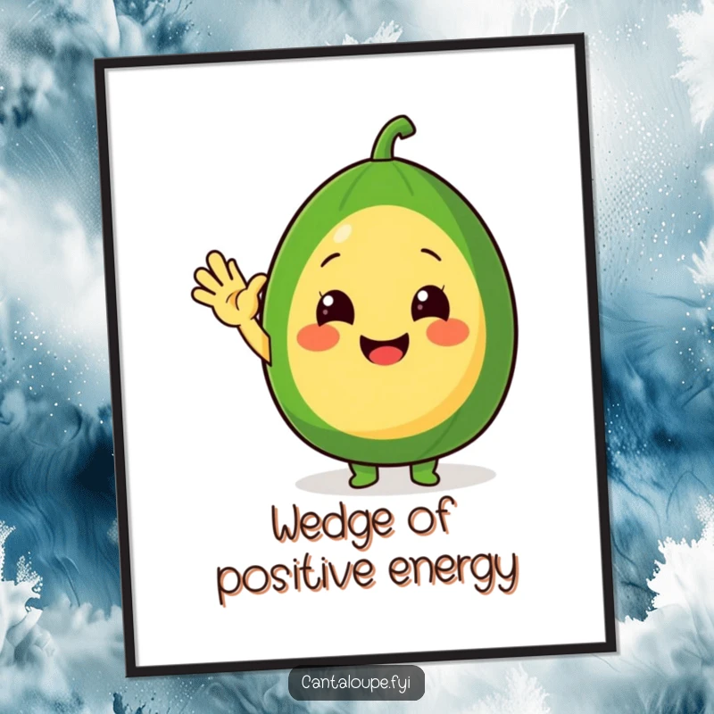 Funny Free Printable Wall Art: A friendly cantaloupe character waving a wedge of melon with a big smile.