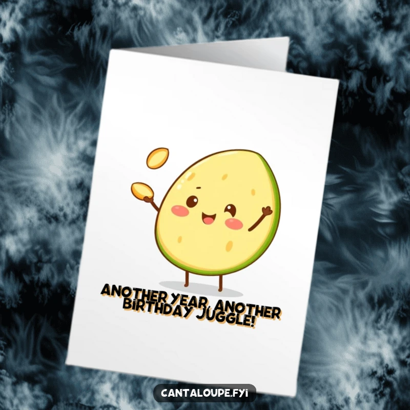 Funny Free Printable Birthday Card: Cheerful cantaloupe wedge character juggles three tiny cantaloupe seeds, celebrating a birthday with flair.