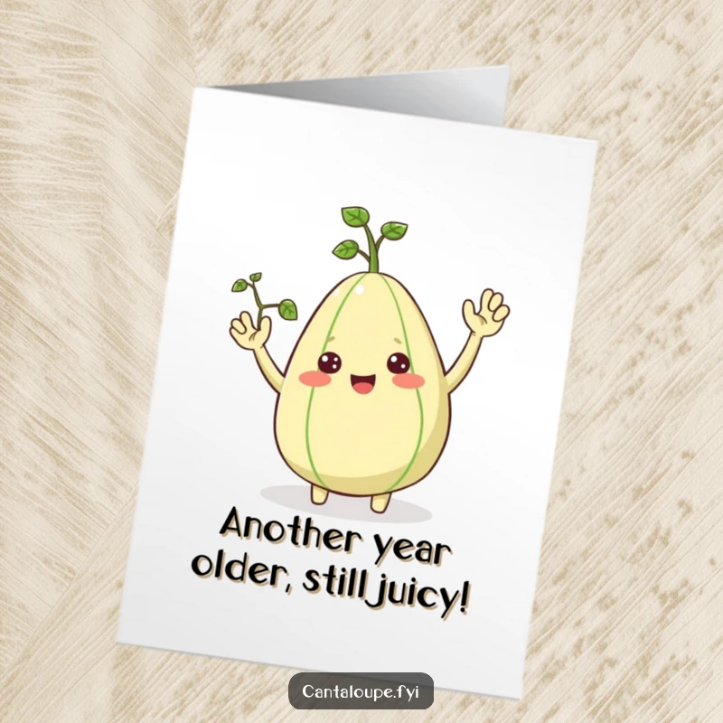 Funny Free Printable Birthday Card: Cheerful cantaloupe character sprouting vine arms, waving hello with infectious, sunny joy.