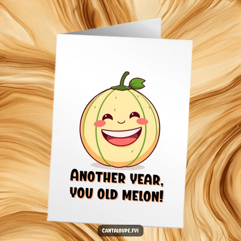 Funny Free Printable Birthday Card: A round cantaloupe with a massive grin joyfully rolling down a hill, wishing happy birthday.