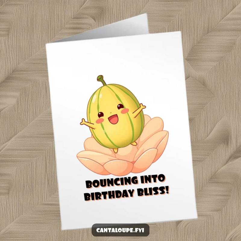 Funny Free Printable Birthday Card: Cantaloupe gleefully bouncing high on a large, soft petal with pure delight.