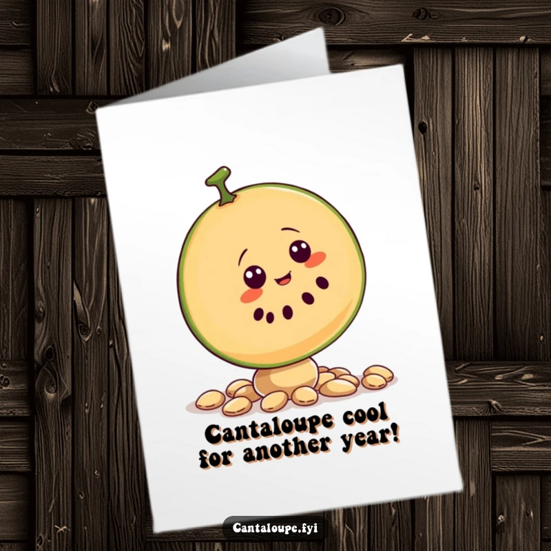 Funny Free Printable Birthday Card: Wobbly cantaloupe slice character hilariously attempts to balance on slippery seeds, a comical scene.