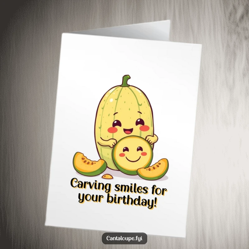 Funny Free Printable Birthday Card: A cantaloupe character enthusiastically carves a smiley face into a smaller melon.