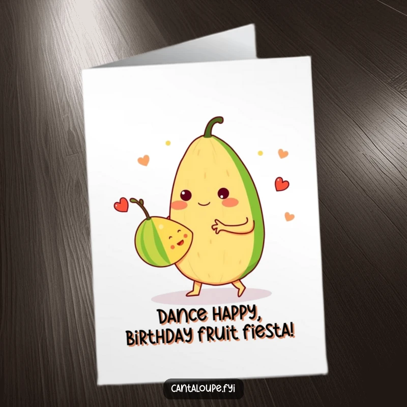 Funny Free Printable Birthday Card: anthropomorphic cantaloupe character waltzing merrily with another fruit, celebrating joy and togetherness.