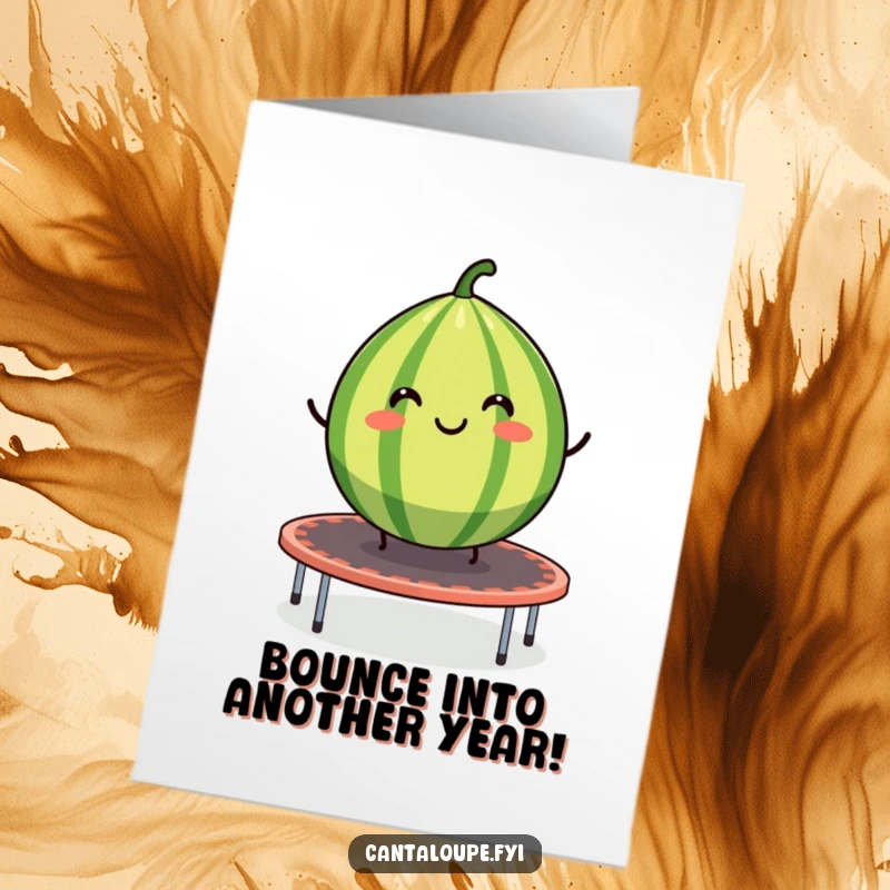 Funny Free Printable Birthday Card: Smiling cantaloupe segment enthusiastically bouncing on a trampoline, celebrating a birthday.