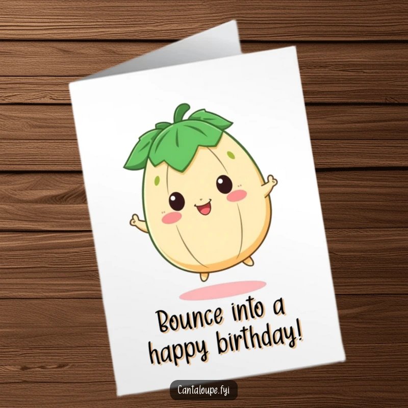 Funny Free Printable Birthday Card: A cheerful cantaloupe character happily bouncing, a perfectly sweet and downloadable DIY greeting for a birthday.