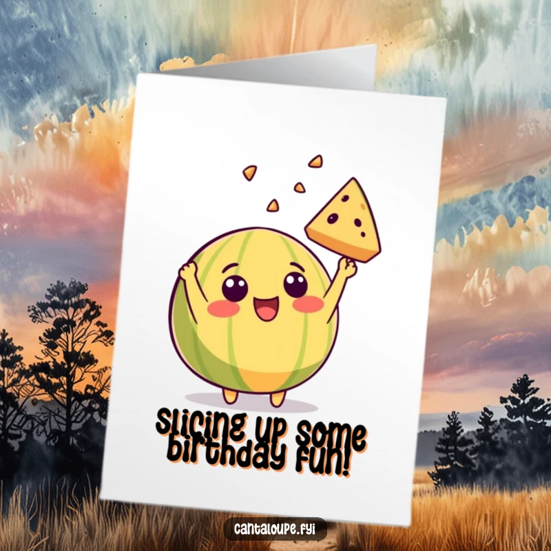 Funny Free Printable Birthday Card: A beaming cantaloupe character gleefully tosses a slice of itself skyward.