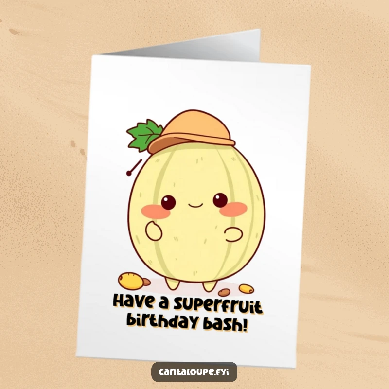 Funny Free Printable Birthday Card featuring a cantaloupe character in a small hat, playfully juggling seeds.