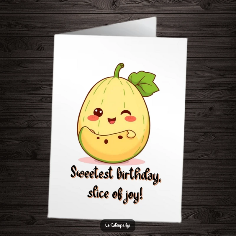 Funny Free Printable Birthday Card: anthropomorphic cantaloupe cheerfully offers a slice of itself, symbolizing generous birthday wishes.