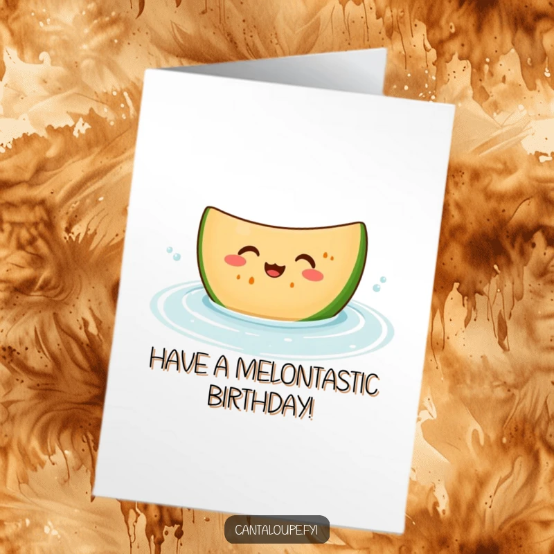 Funny Free Printable Birthday Card: A happy cantaloupe slice character giggling joyfully while bobbing in cool, refreshing water.