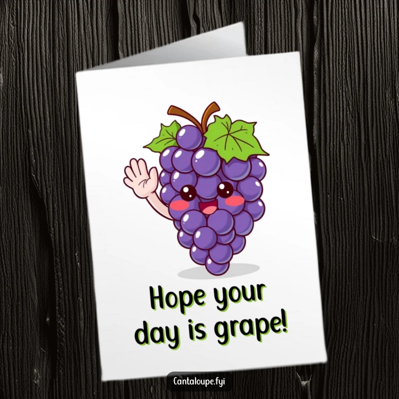 Funny Free Printable Birthday Card: Cute grape bunch character giving a friendly wave, sending sweet birthday wishes.