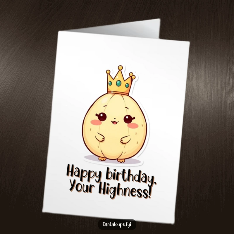 Funny Free Printable Birthday Card: Cantaloupe wearing a tiny crown, posing regally with a dignified, amusing expression.