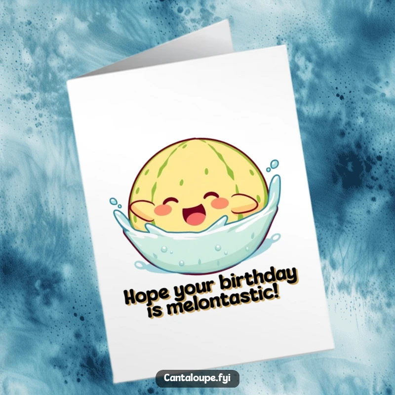 Funny Free Printable Birthday Card: A cantaloupe character joyfully splashes into water with pure excitement.