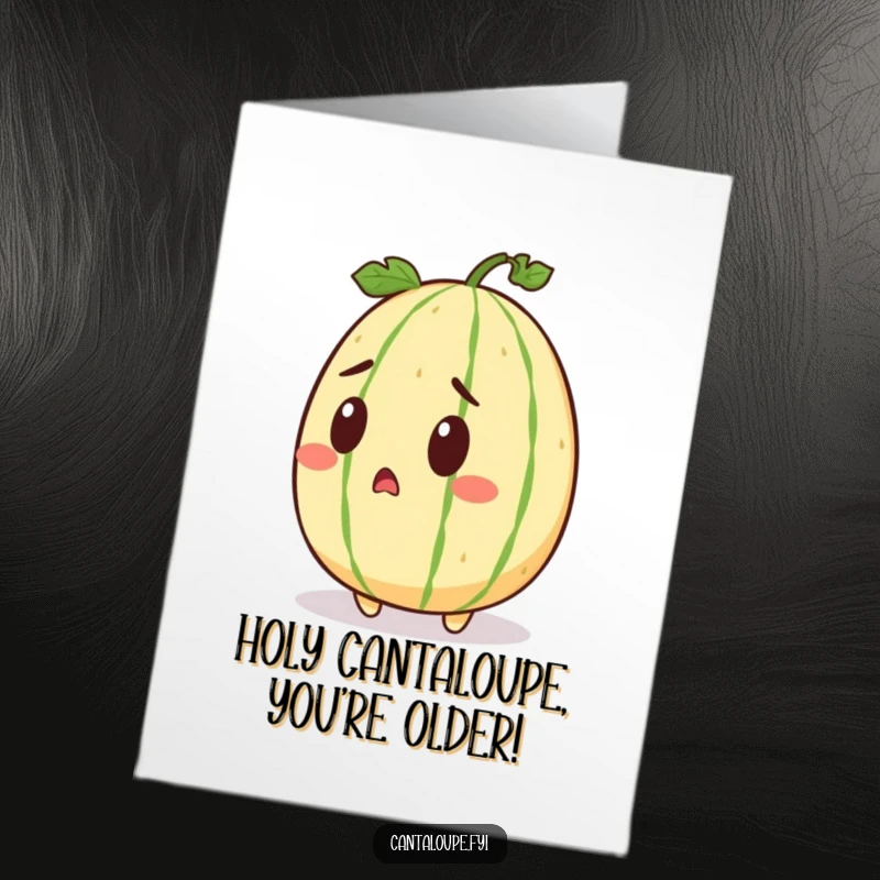 Funny Free Printable Birthday Card: A cantaloupe character with wide eyes and sprouting seeds, looking surprised.