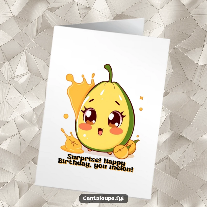 Funny Free Printable Birthday Card showing a cantaloupe character with big eyes, comically surprised by a splash of juice.