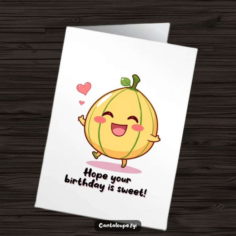 Funny Free Printable Birthday Card: A grinning cantaloupe character bouncing playfully, leaving a sweet scent trail for a happy birthday.