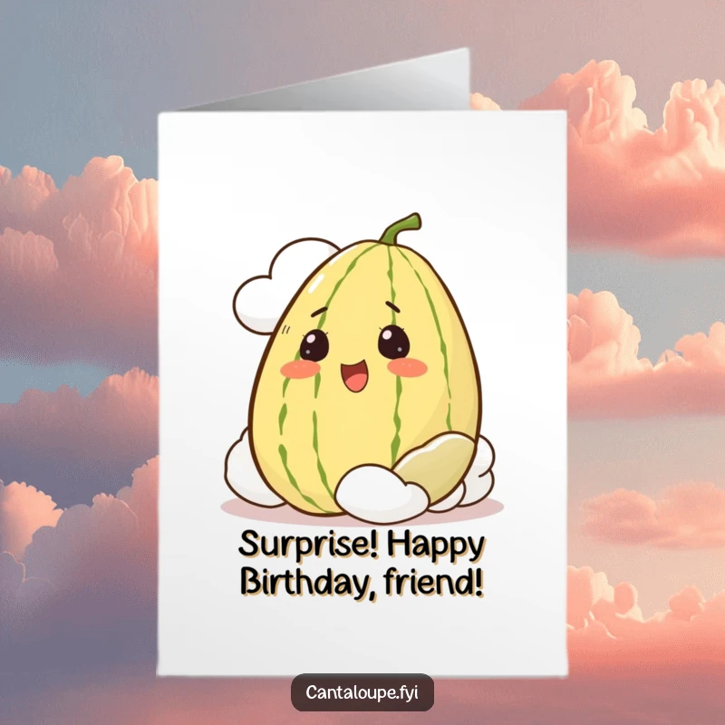 Funny Free Printable Birthday Card: Excited cantaloupe peeks from behind a fluffy cloud, wishing happy birthday.