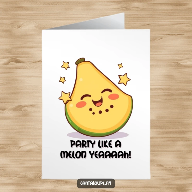 Funny Free Printable Birthday Card: Smiling cantaloupe slice joyfully juggling tiny stars, sending wishes.