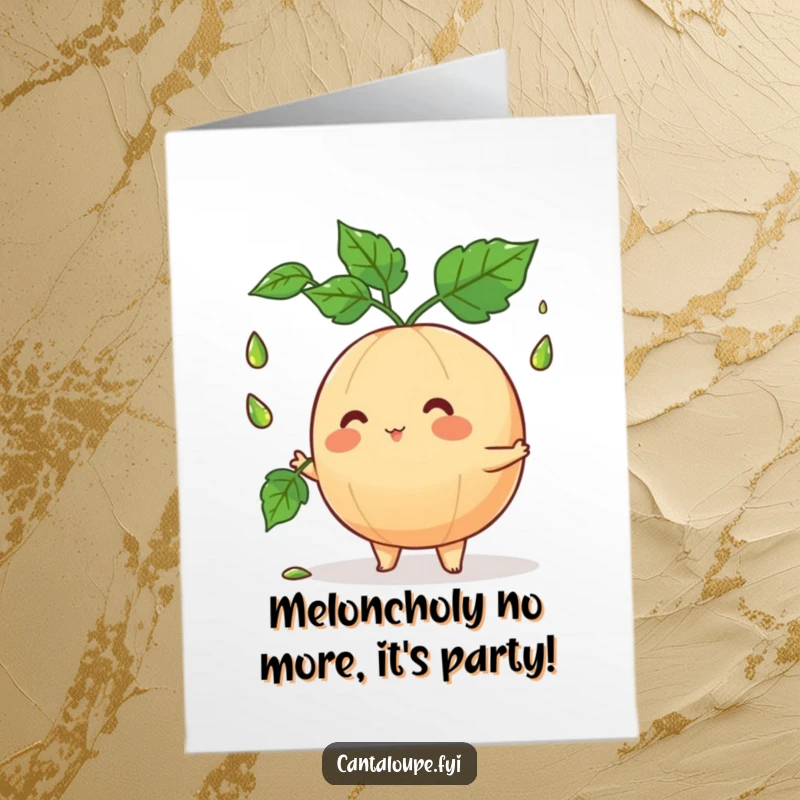 Funny Free Printable Birthday Card: Cantaloupe juggling dewdropped leaves with a goofy grin, perfect for a laugh.