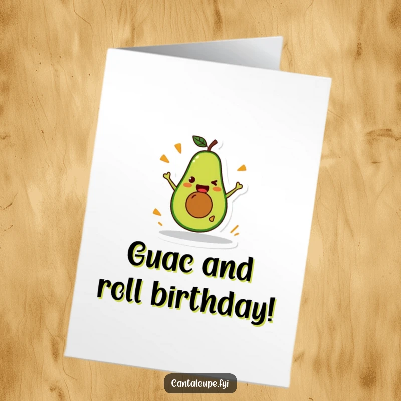 Funny Free Printable Birthday Card: An excited avocado character performing a daring and humorous stunt, creating birthday joy.
