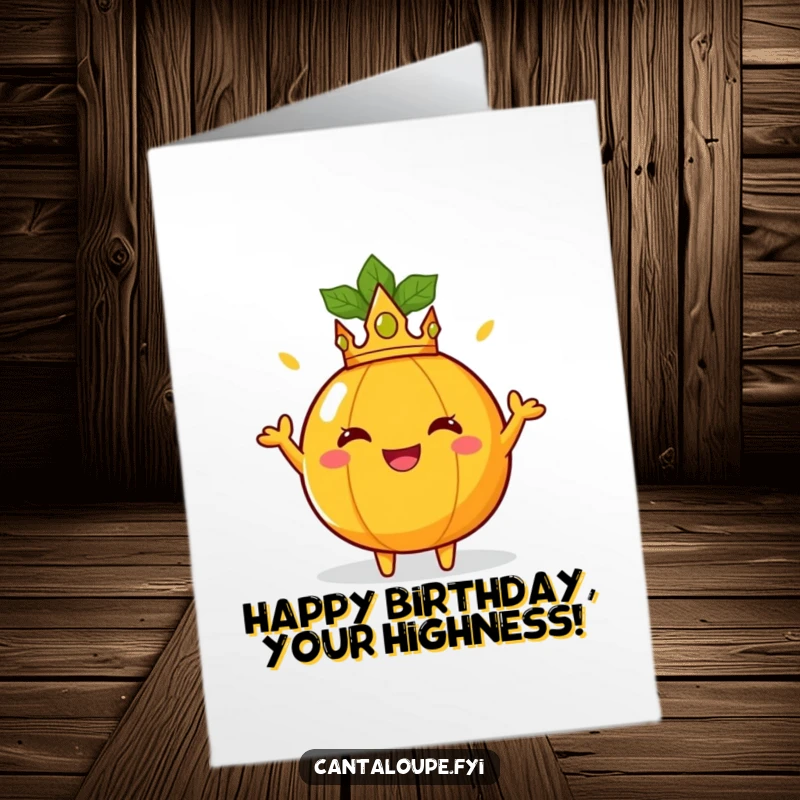 Funny Free Printable Birthday Card: A cantaloupe character wearing a tiny crown, striking a regal pose with sunny joy for a birthday.