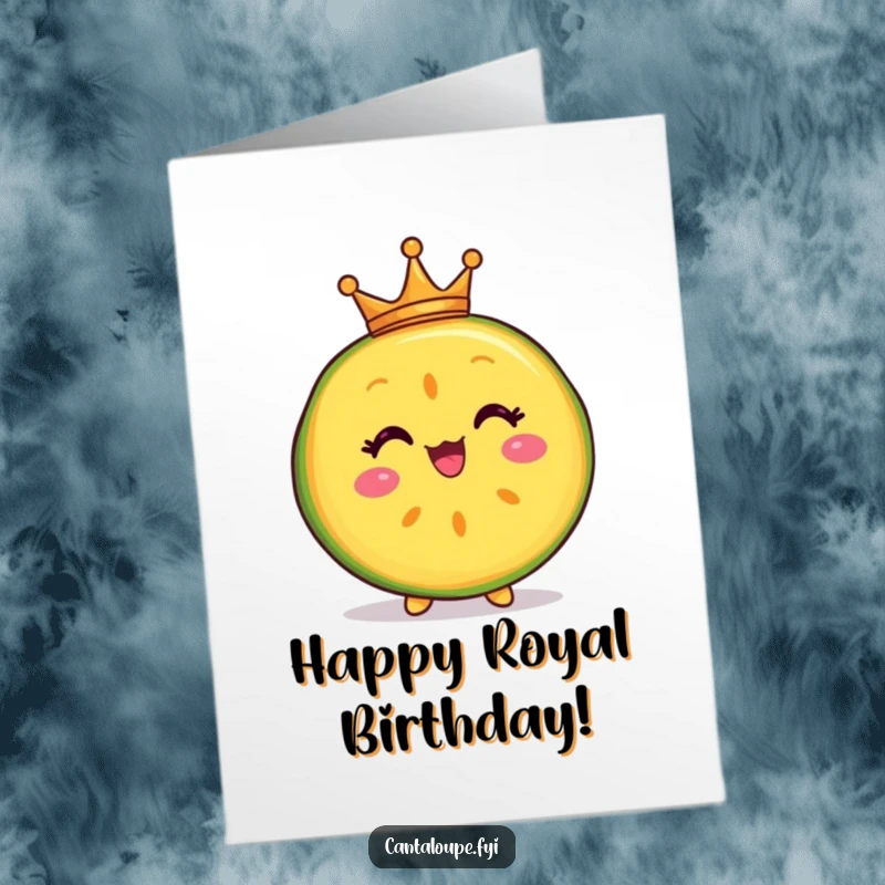 Funny Free Printable Birthday Card: A delighted cantaloupe slice character proudly wearing a tiny crown, celebrating a birthday in style.
