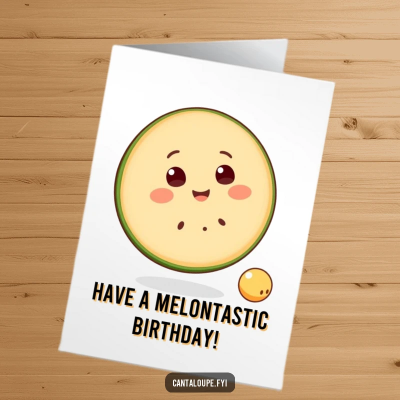 Funny Free Printable Birthday Card: Smiling cantaloupe slice character happily bounces a small ball, celebrating a sweet birthday.