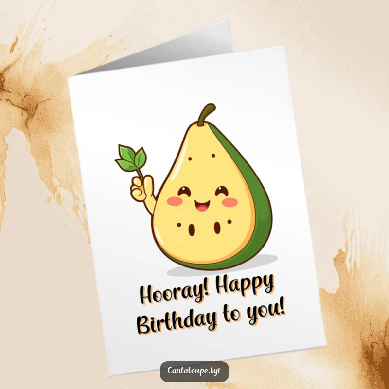Funny Free Printable Birthday Card: Smiling cantaloupe wedge waves with a leafy hand, wishing happy birthday.