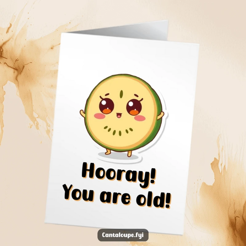Funny Free Printable Birthday Card: Cantaloupe slice character surprised with wide eyes, bouncing joyfully for a birthday.