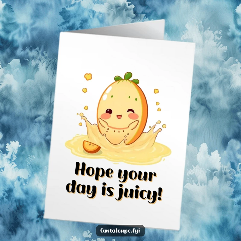 Funny Free Printable Birthday Card: Cantaloupe character gleefully splashing in a pool of sweet, bubbly juice.