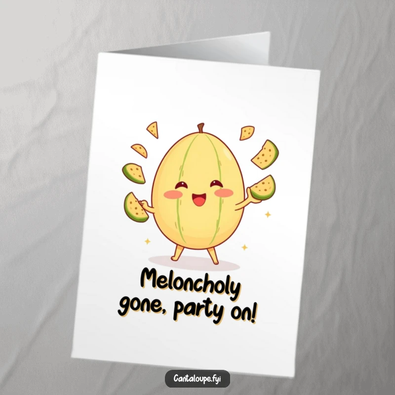 Funny Free Printable Birthday Card: A happy anthropomorphic cantaloupe joyfully juggling sliced cantaloupe pieces.