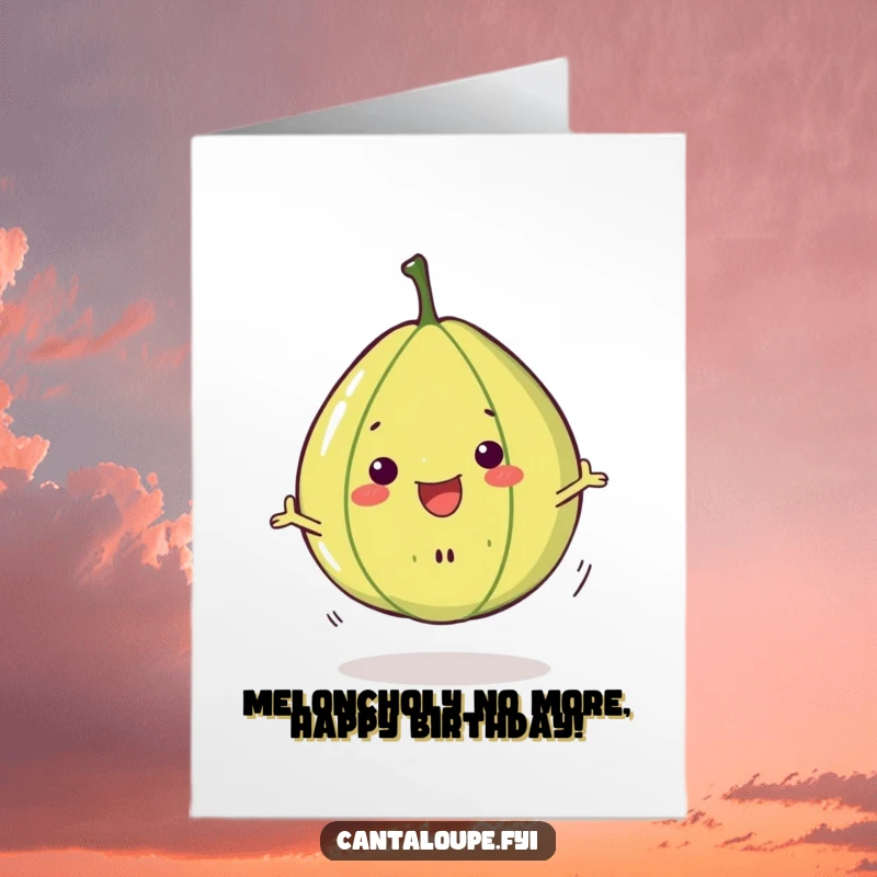 Funny Free Printable Birthday Card featuring a happy cantaloupe slice character doing a joyful spin, perfect for a cheerful greeting.