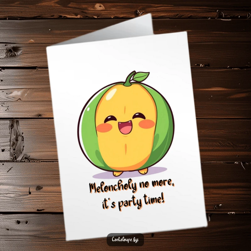 Funny Free Printable Cantaloupe Birthday Card: A happy cantaloupe half laughing joyfully, ready to celebrate with a downloadable art gift.