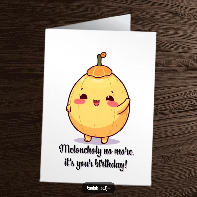 Funny Free Printable Birthday Card: happy anthropomorphic cantaloupe character spinning a colorful top.