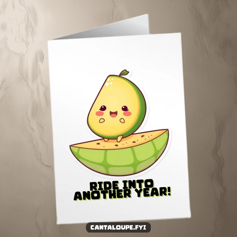 Funny Free Printable Birthday Card: Cantaloupe slice character happily riding a giant melon rind, a joyful birthday adventure.