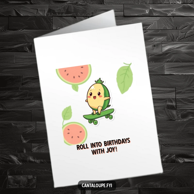 Funny Free Printable Birthday Card: a cantaloupe surfs a giant watermelon like a skateboard, catching some serious birthday air.