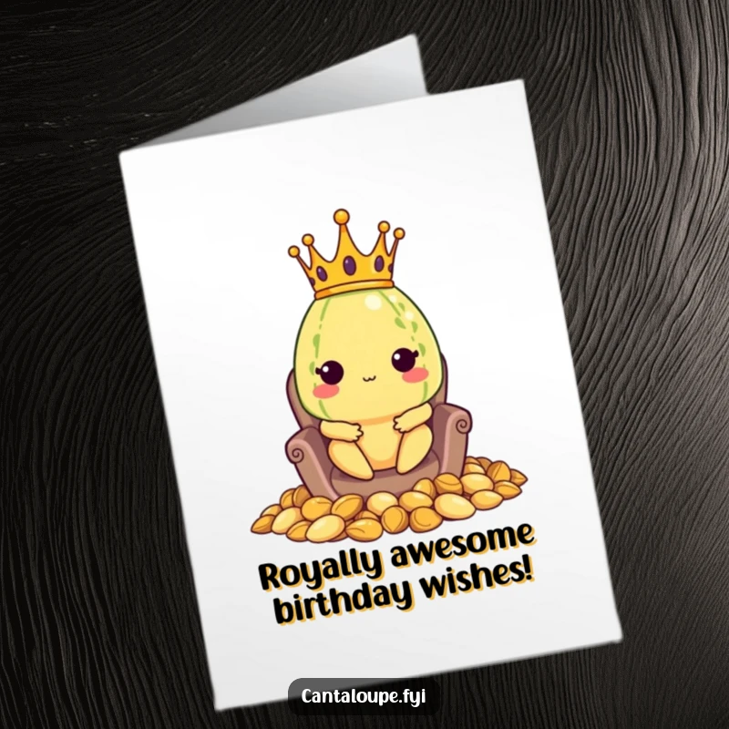 Funny Free Printable Birthday Card: a cantaloupe king with a crown sits regally on a throne of seeds, celebrating in style.