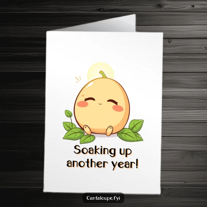 Funny Free Printable Birthday Card featuring a cantaloupe blissfully enjoying a sunbeam with closed eyes, perfect for relaxation wishes.