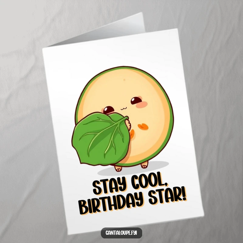 Funny Free Printable Birthday Card: A cantaloupe slice looking hot and fanning itself with a big green leaf, wishing a cool birthday.