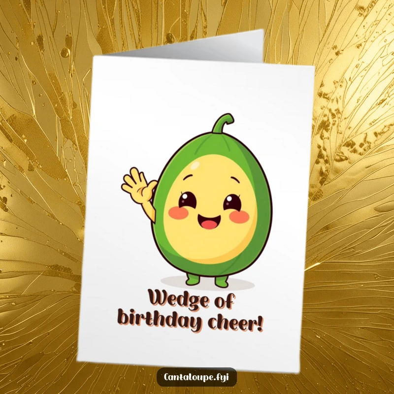 Funny Free Printable Birthday Card: A cheerful cantaloupe character extending a friendly wave with a melon slice.