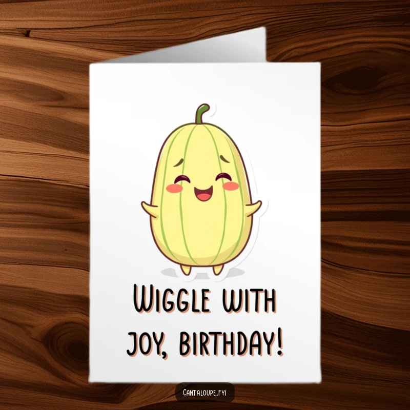 Funny Free Printable Birthday Card depicting a grinning whole cantaloupe character wiggling with pure joy.