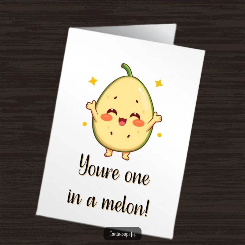 Funny Free Printable Birthday Card featuring a happy cantaloupe character cheering with a vibrant, sunny disposition.