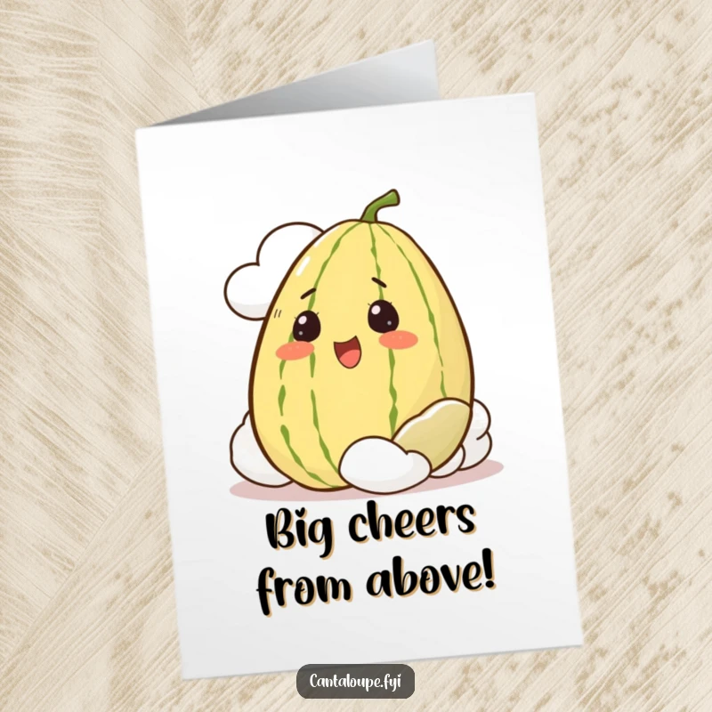 Funny Free Printable Congratulations Card: Cantaloupe peeks from a cloud, celebrating success joyfully.