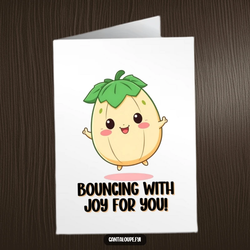 Funny Free Printable Congratulations Card: A happy cantaloupe character bouncing with joy, a fruity and downloadable DIY gift for celebrating success.